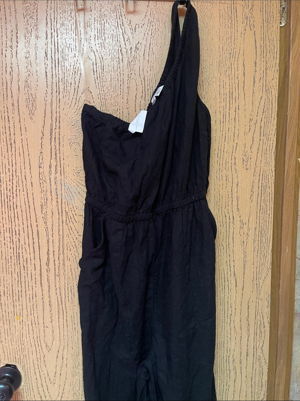 American Eagle Outfitters Black One-Shoulder Jumpsuit (no belt)